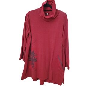 Yasuko Red Long Sleeve Tunic Top LAGENLOOK Art To Wear XL Cotton Pocket Asian
